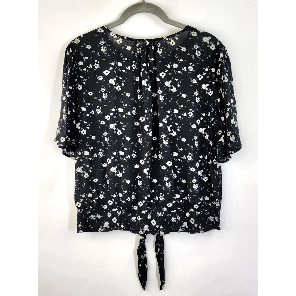 Cloth & Stone Top Women's S Floral Chic Tie Waist Crop Black White Floral